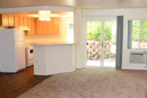 carpeted living room facing kitchen in corner with small island, and facing sliding door to balcony with window