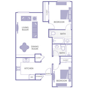 2 bed 2 bath floor plan, living room, dining room, kitchen, 3 closets, storage