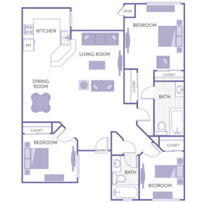 3 bed 2 bath, kitchen, living room, dining room, 4 closets, storage