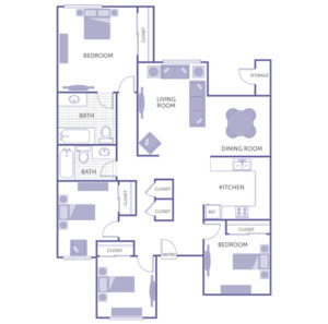 4 bed 2 bath floor plan, dining room, living room, kitchen, storage, 6 closets
