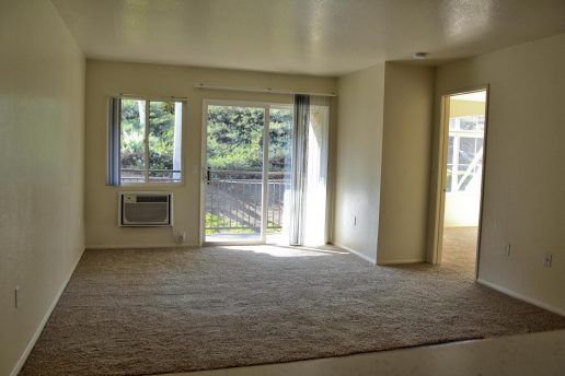 carpeted living room facing sliding glass door to patio, window and built-in wall AC